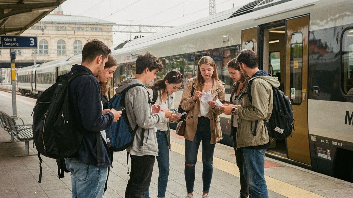 Student group with backpacks waiting on a station platform before boarding a regional train