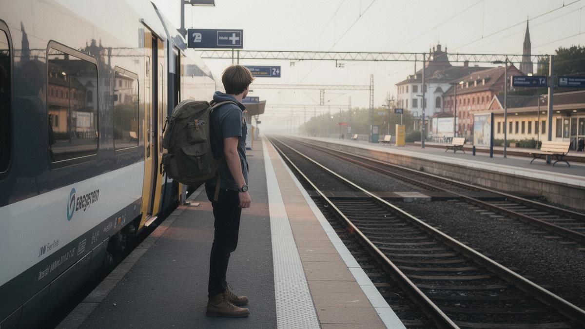 Student with a backpack waiting on a platform beside a regional train
